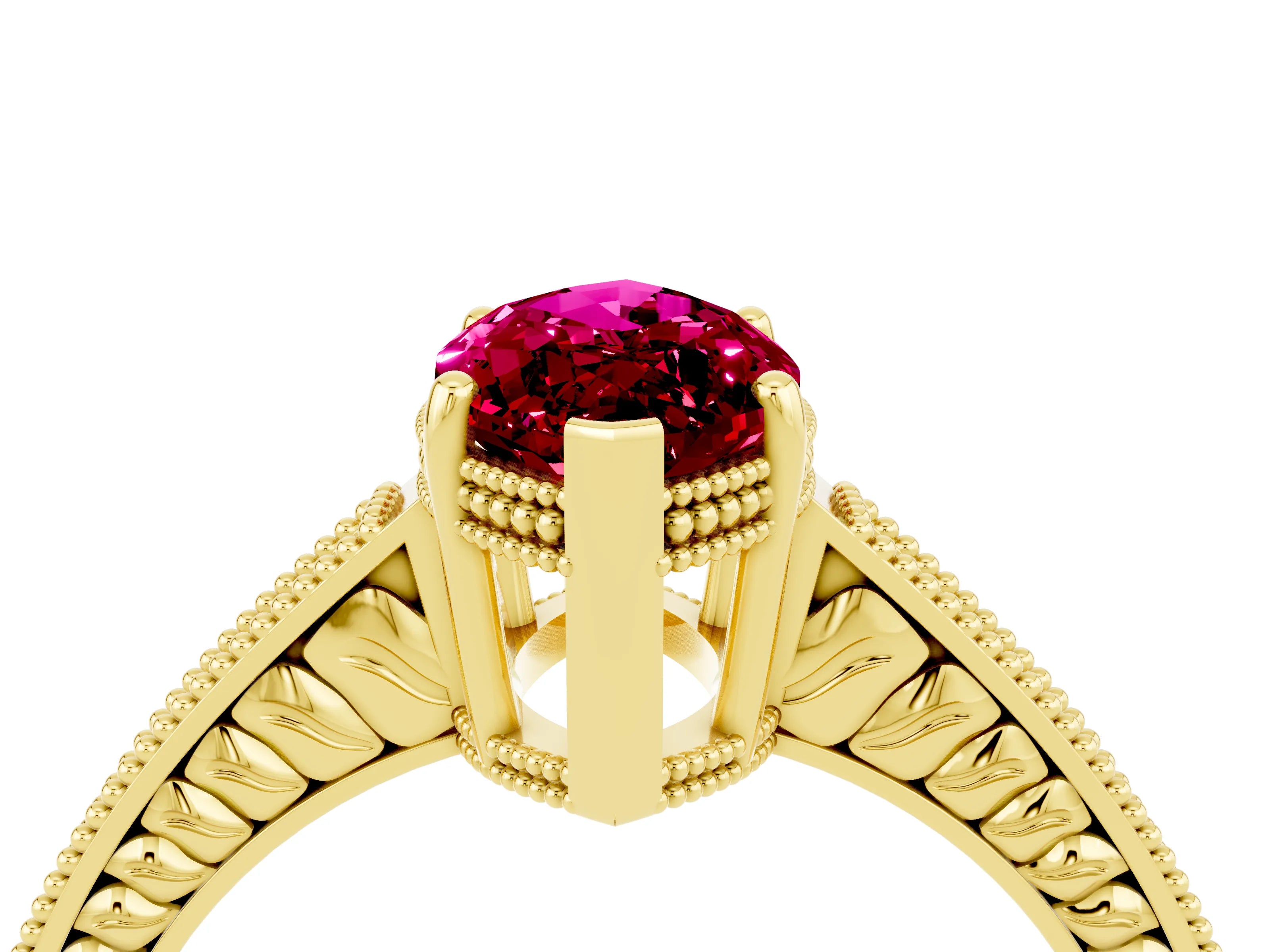 Yellow gold Marquise Cut Garnet Ring with Milgrain Pavé Band and Four-Prong Setting_16