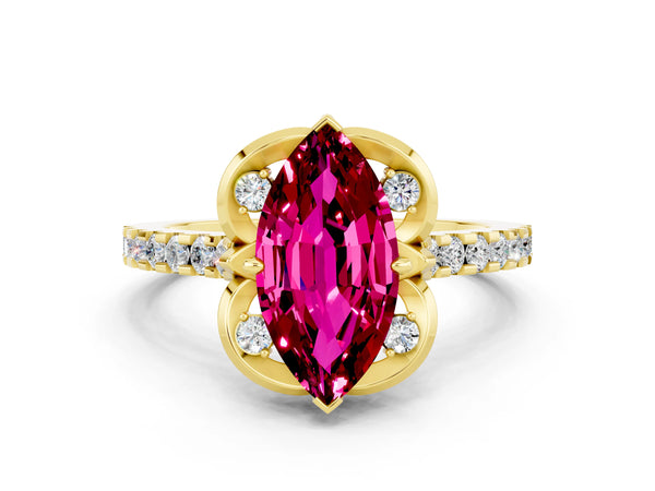 Yellow gold Marquise Cut Garnet Ring with Pavé Band and Floral Prong Setting