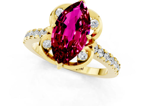 Yellow gold Marquise Cut Garnet Ring with Pavé Band and Floral Prong Setting_1