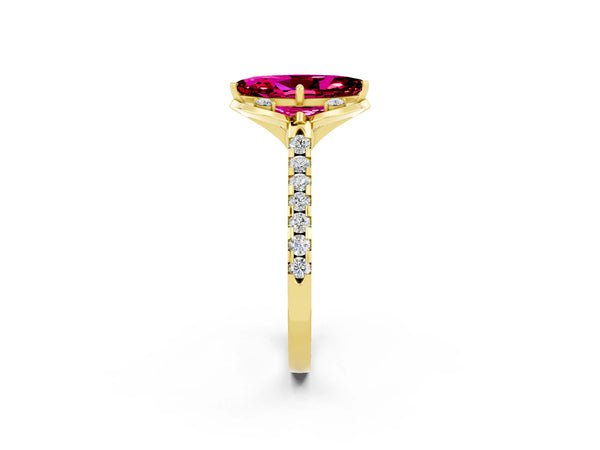 Yellow gold Marquise Cut Garnet Ring with Pavé Band and Floral Prong Setting