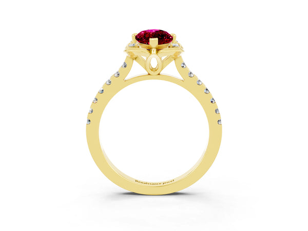 Yellow gold Marquise Cut Garnet Ring with Pavé Band and Floral Prong Setting