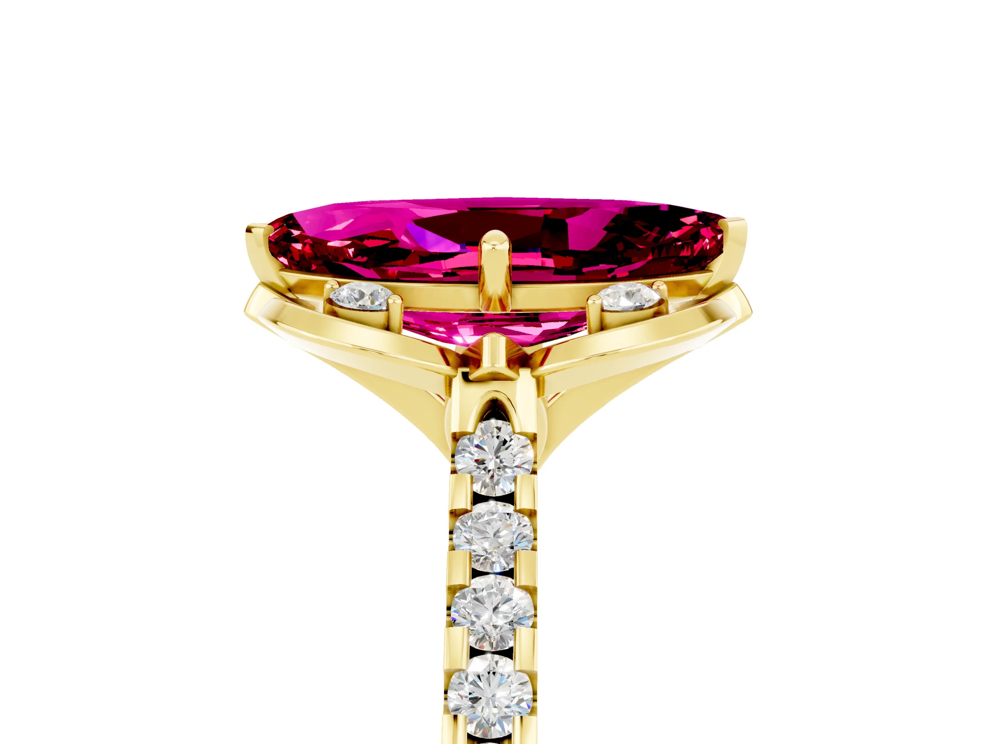 Yellow gold Marquise Cut Garnet Ring with Pavé Band and Floral Prong Setting_5