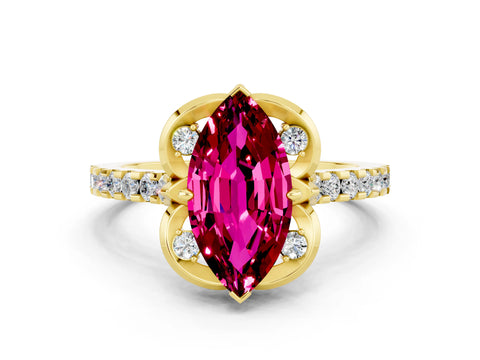 Yellow gold Marquise Cut Garnet Ring with Pavé Band and Floral Prong Setting