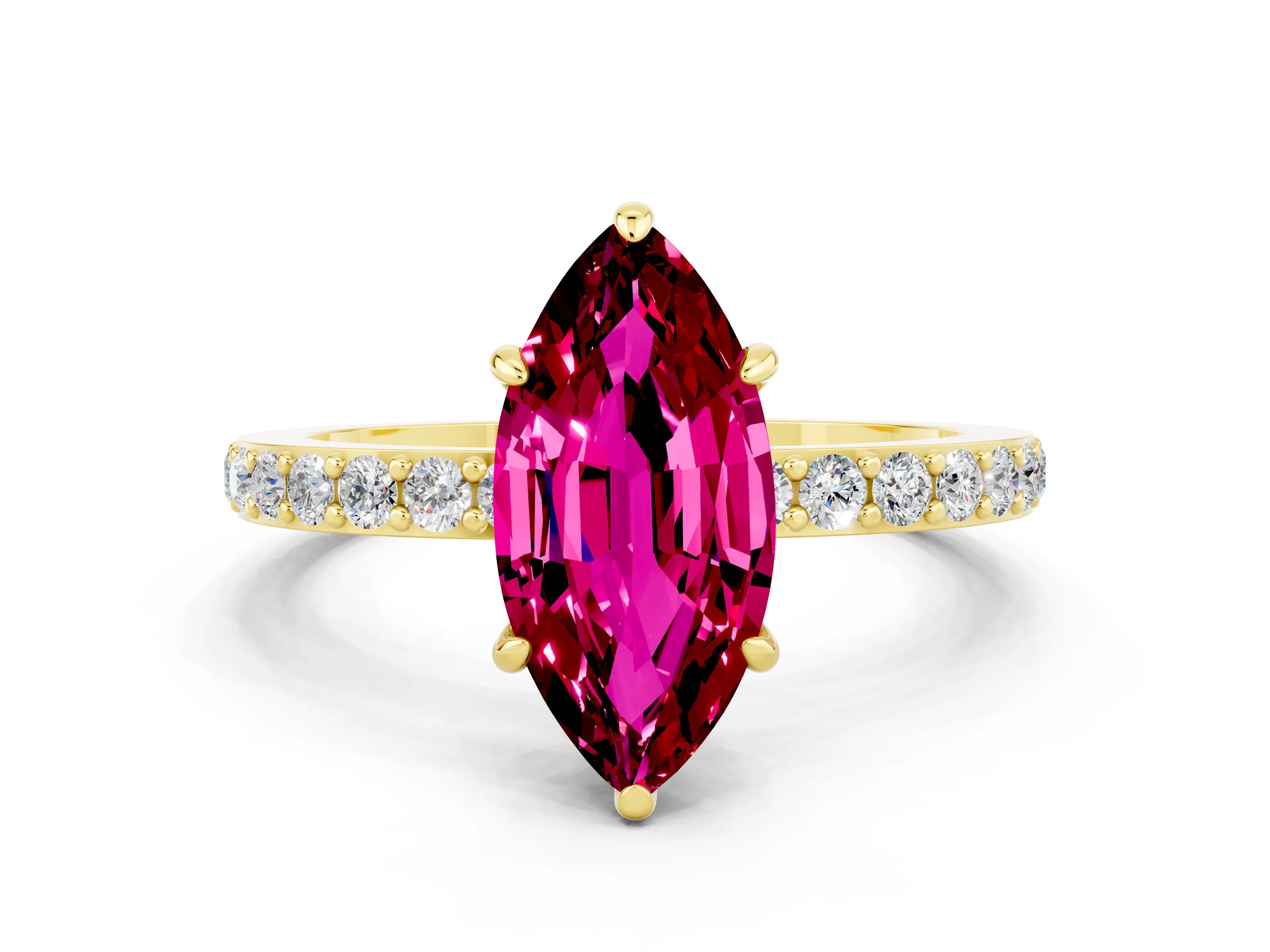 Yellow gold Marquise Cut Garnet Ring with Pavé Band and Four-Prong Setting