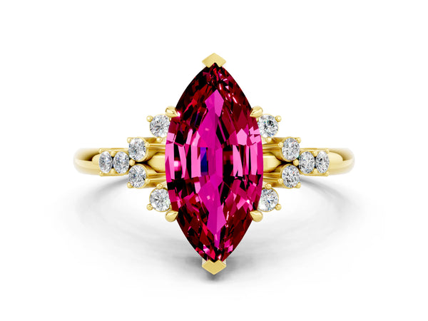 Yellow gold Marquise Cut Garnet Ring with Side Stones and Four-Prong Setting