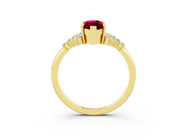 Yellow gold Marquise Cut Garnet Ring with Side Stones and Four-Prong Setting