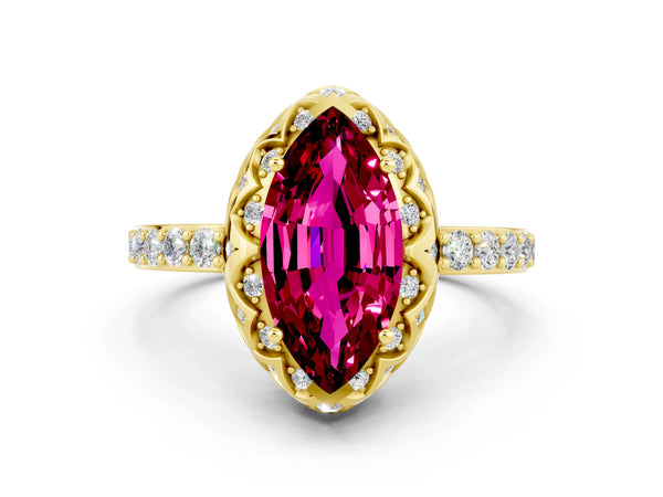 Yellow gold Marquise Cut Garnet Scalloped Halo Engagement Ring with Round Shared Prong Band