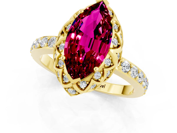 Yellow gold Marquise Cut Garnet Scalloped Halo Engagement Ring with Round Shared Prong Band