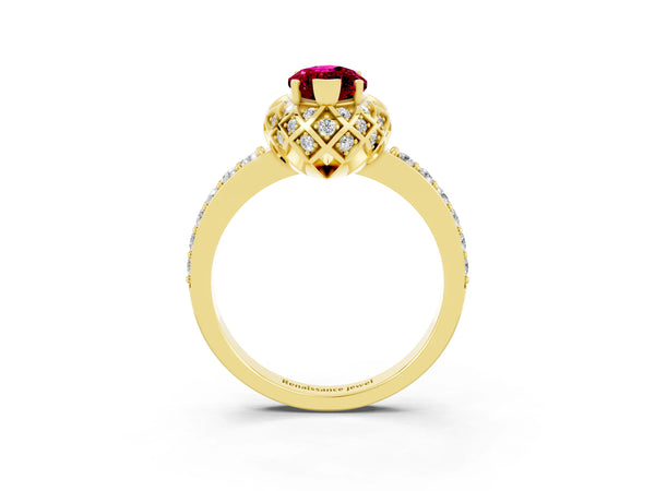 Yellow gold Marquise Cut Garnet Scalloped Halo Engagement Ring with Round Shared Prong Band