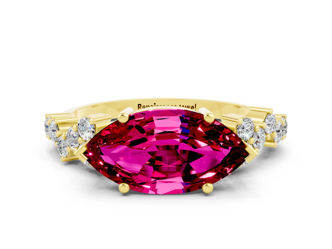 Yellow gold Marquise Cut Garnet Scattered Round Accent Ring with Prong Setting_12