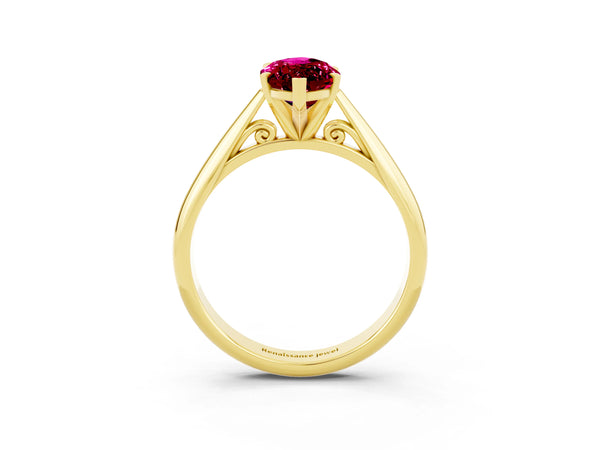 Yellow gold Marquise Cut Garnet Solitaire Engagement Ring with Cathedral Setting and Four-Prong Mount