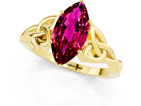 Yellow gold Marquise Cut Garnet Solitaire Engagement Ring with Celtic Knot Band and Four-Prong Setting_1