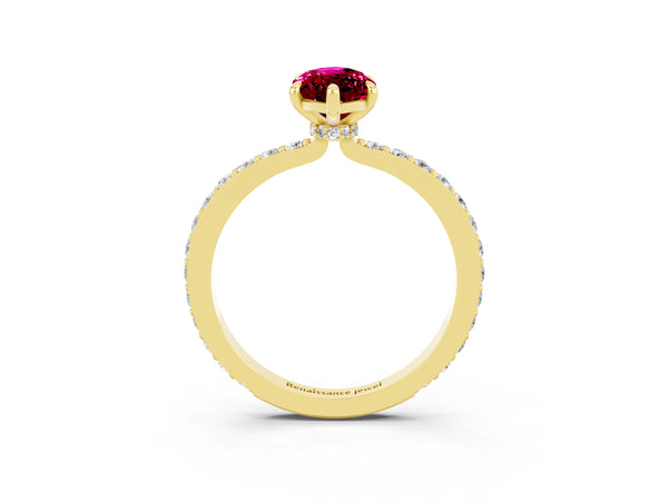 Yellow gold Marquise Cut Garnet Solitaire Engagement Ring with Pavé Band and Four-Prong Setting