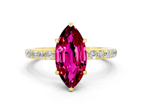 Yellow gold Marquise Cut Garnet Solitaire Engagement Ring with Pavé Band and Four-Prong Setting