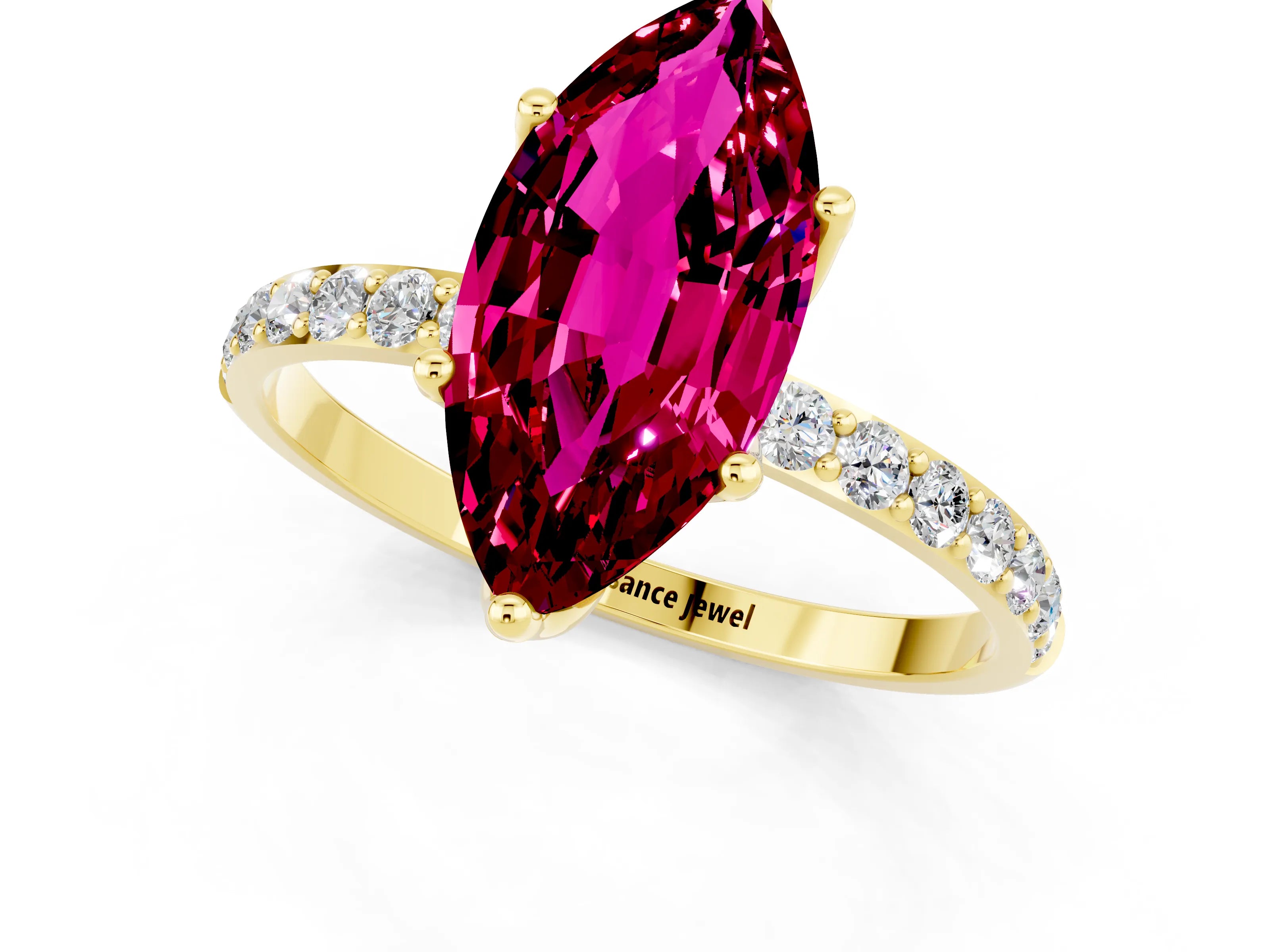 Yellow gold Marquise Cut Garnet Solitaire Engagement Ring with Pavé Band and Prong Setting_1