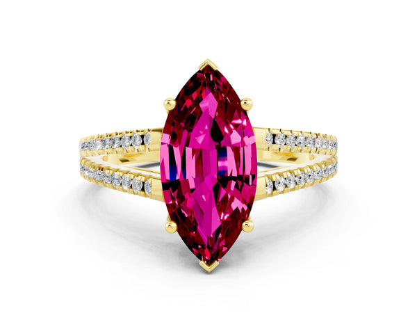 Yellow gold Marquise Cut Garnet Solitaire Engagement Ring with Split Shank Pavé Band