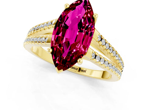 Yellow gold Marquise Cut Garnet Solitaire Engagement Ring with Split Shank Pavé Band_1