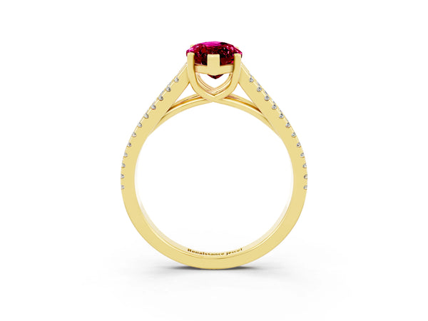 Yellow gold Marquise Cut Garnet Solitaire Engagement Ring with Split Shank Pavé Band