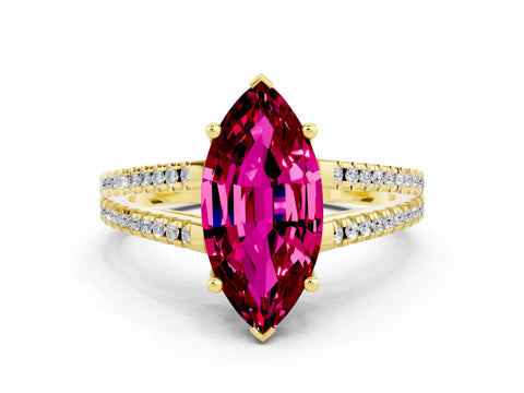 Yellow gold Marquise Cut Garnet Solitaire Engagement Ring with Split Shank Pavé Band