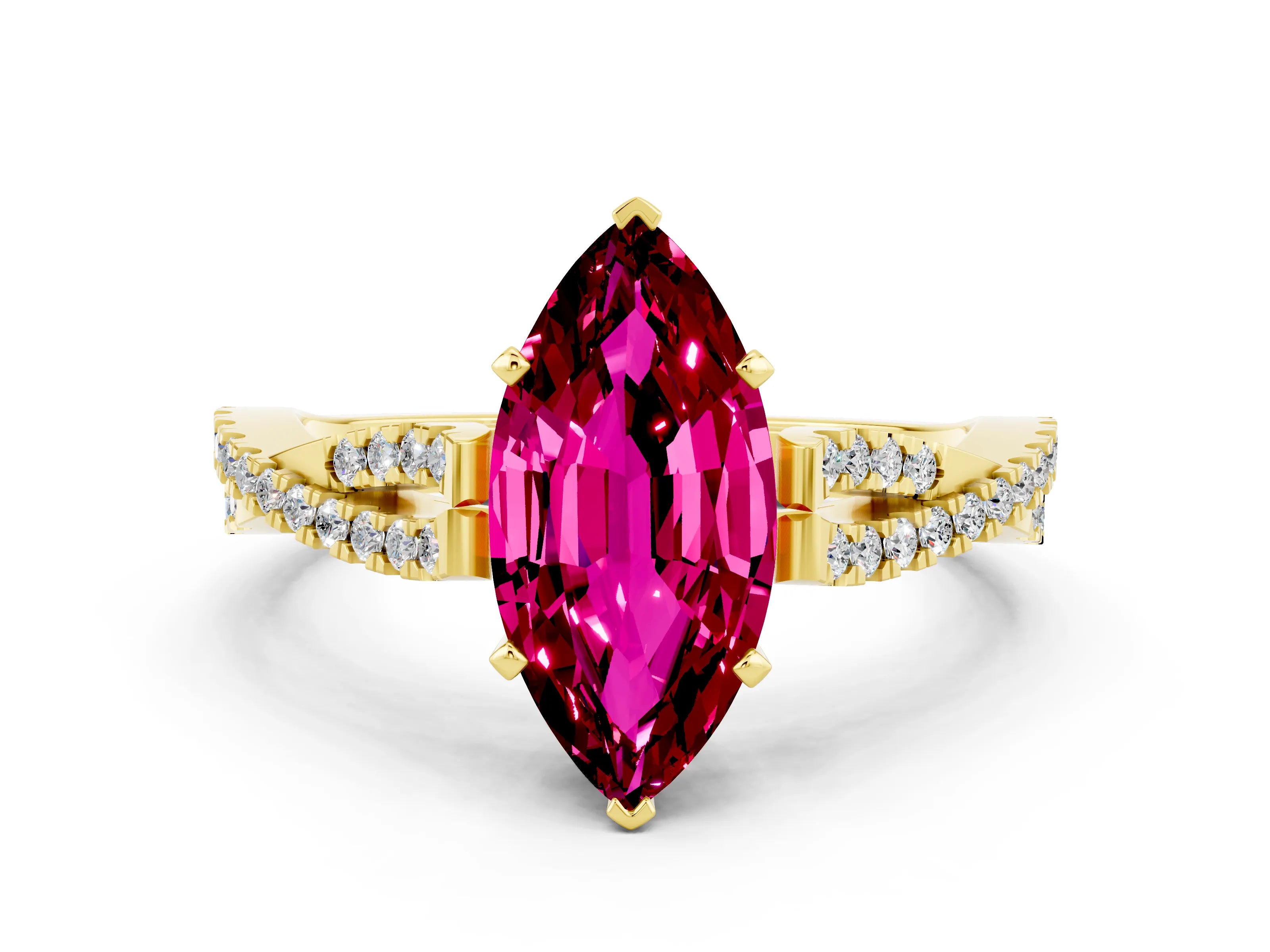 Yellow gold Marquise Cut Garnet Solitaire Engagement Ring with Twisted Pavé Band and Four-Prong Setting