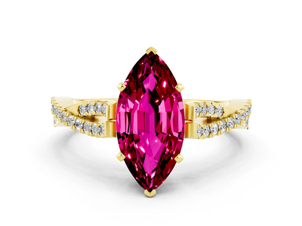 Yellow gold Marquise Cut Garnet Solitaire Engagement Ring with Twisted Pavé Band and Four-Prong Setting