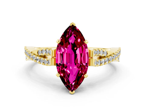 Yellow gold Marquise Cut Garnet Solitaire Engagement Ring with Twisted Pavé Band and Four-Prong Setting