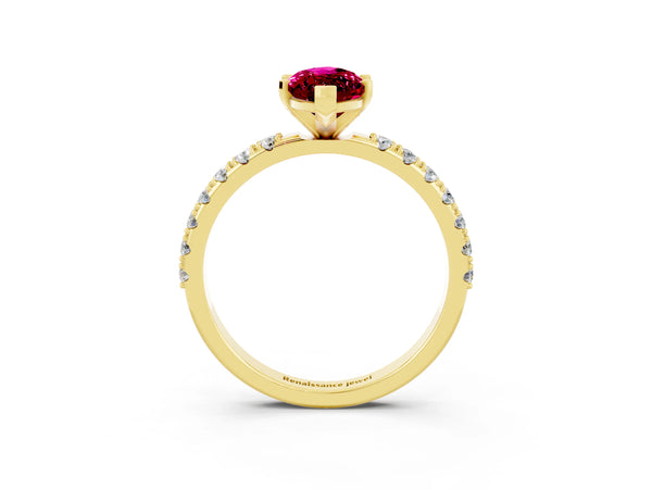 Yellow gold Marquise Cut Garnet Solitaire Pavé Band with Four-Prong Setting