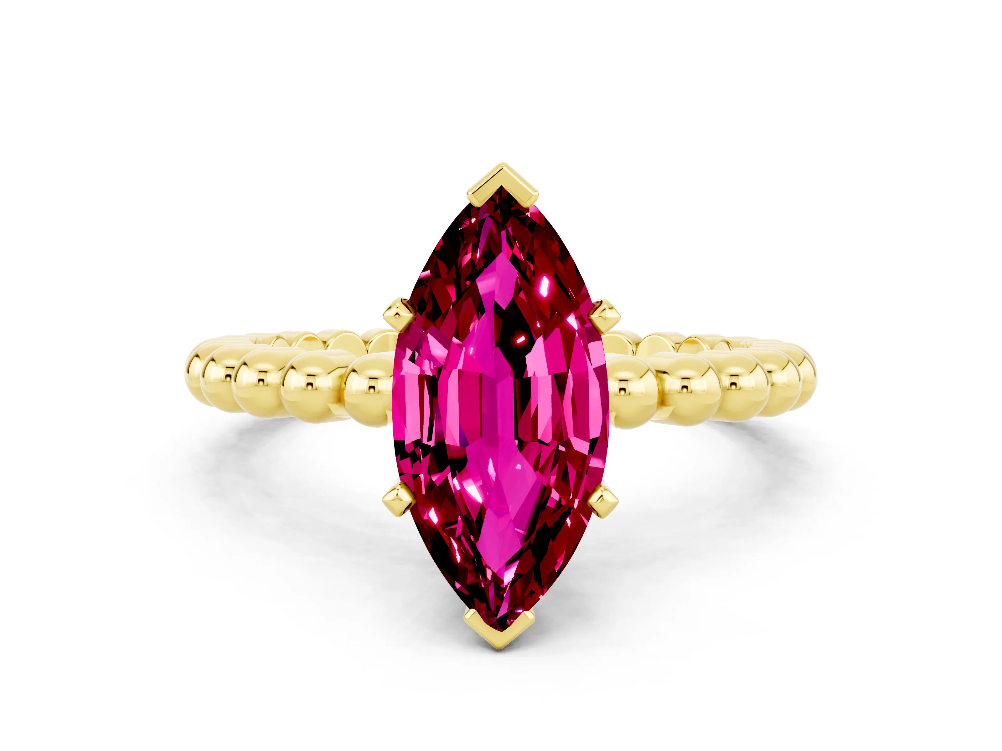 Yellow gold Marquise Cut Garnet Solitaire Ring with Beaded Band and Prong Setting