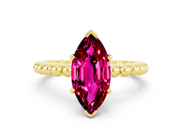 Yellow gold Marquise Cut Garnet Solitaire Ring with Beaded Band and Prong Setting