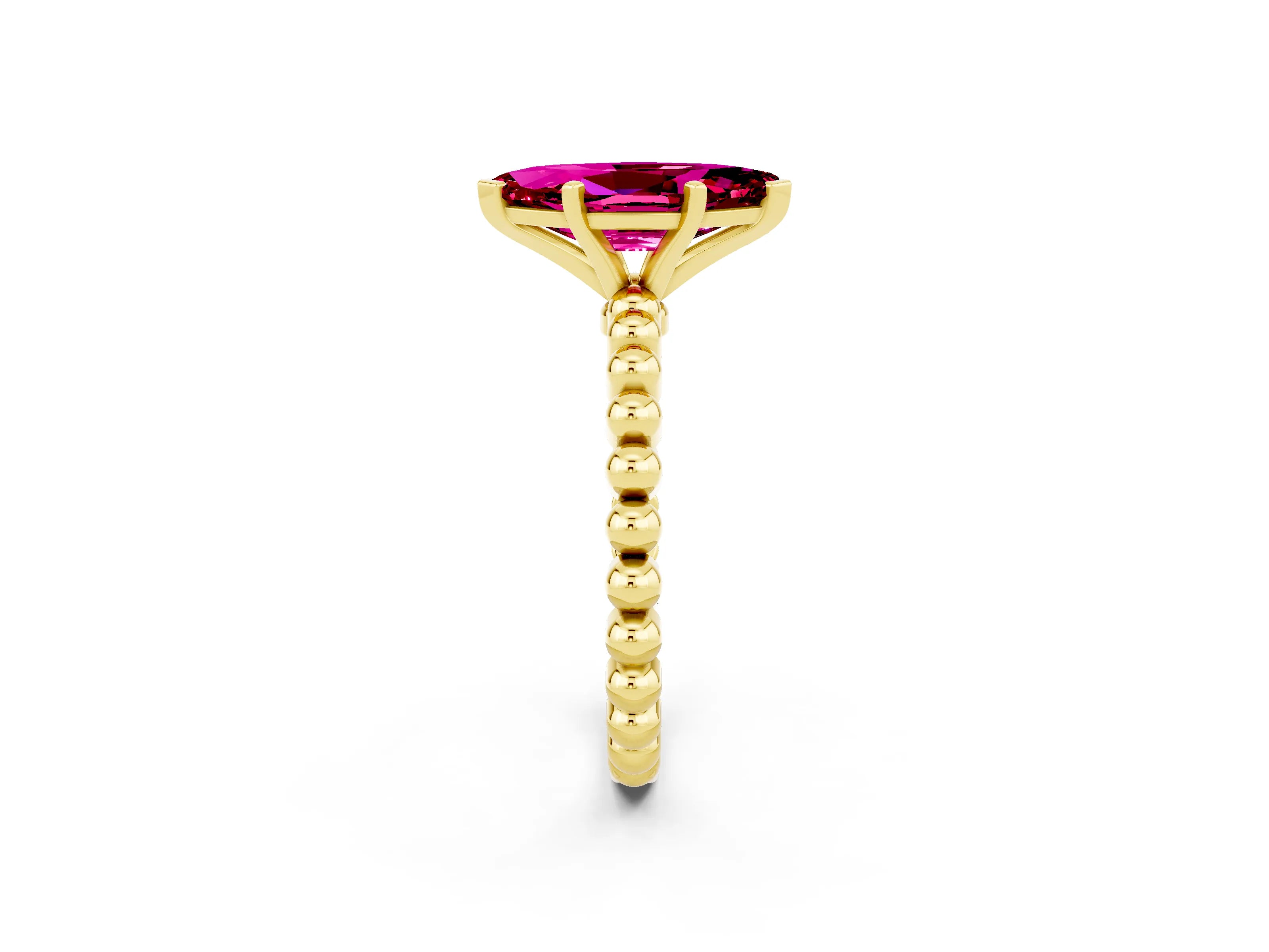 Yellow gold Marquise Cut Garnet Solitaire Ring with Beaded Band and Prong Setting_2