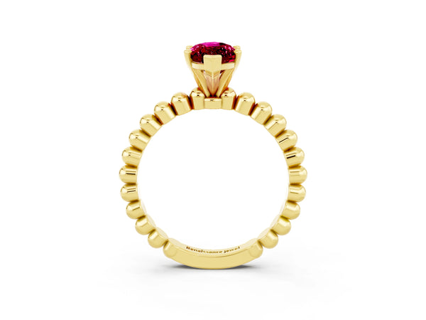 Yellow gold Marquise Cut Garnet Solitaire Ring with Beaded Band and Prong Setting