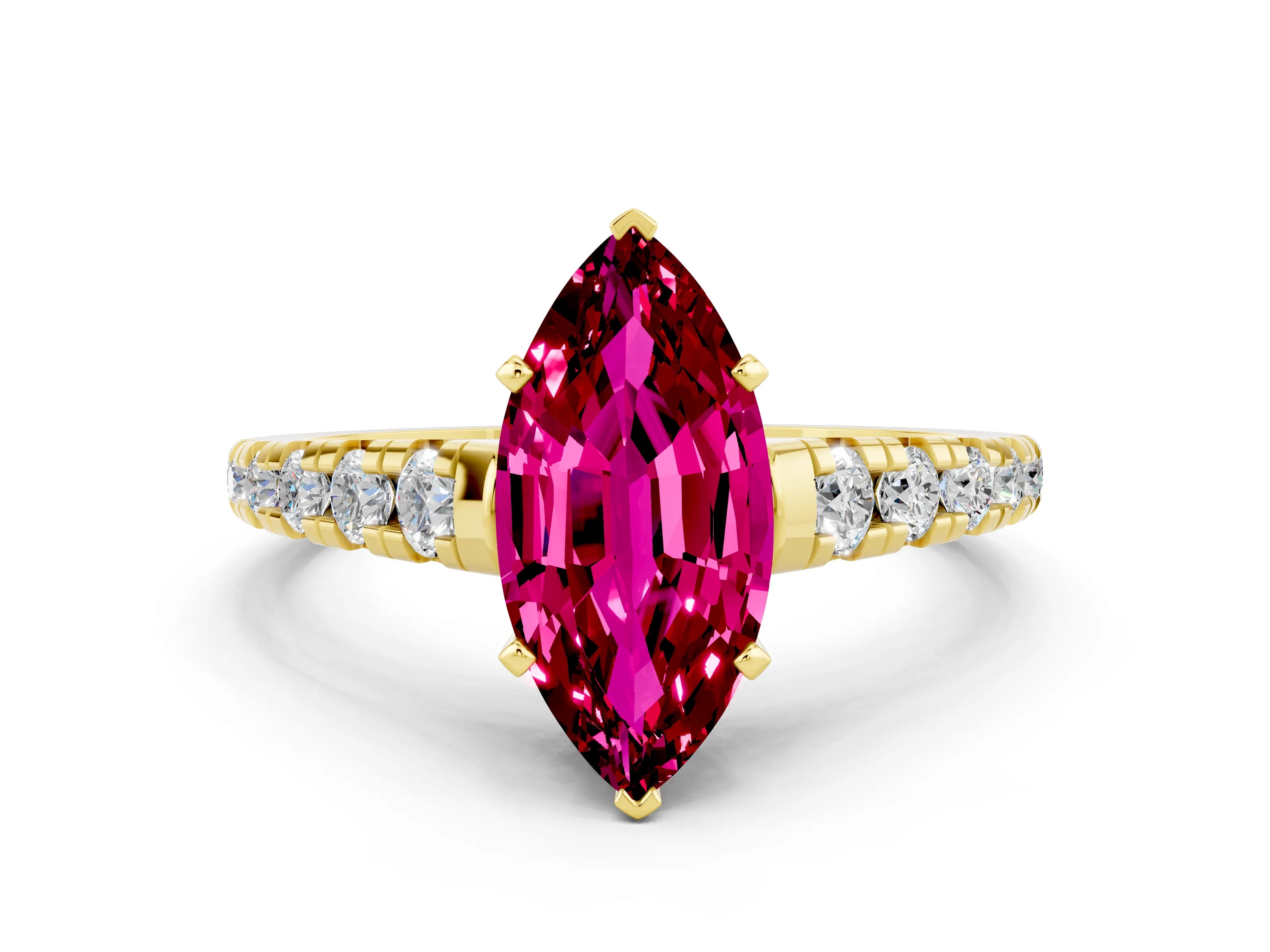 Yellow gold Marquise Cut Garnet Solitaire Ring with Cathedral Setting and Pavé Band