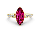 Yellow gold Marquise Cut Garnet Solitaire Ring with Cathedral Setting and Pavé Band