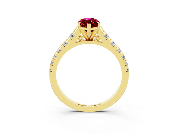 Yellow gold Marquise Cut Garnet Cathedral Solitaire Ring with Round  Pavé Band