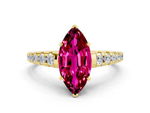 Yellow gold Marquise Cut Garnet Solitaire Ring with Cathedral Setting and Pavé Band