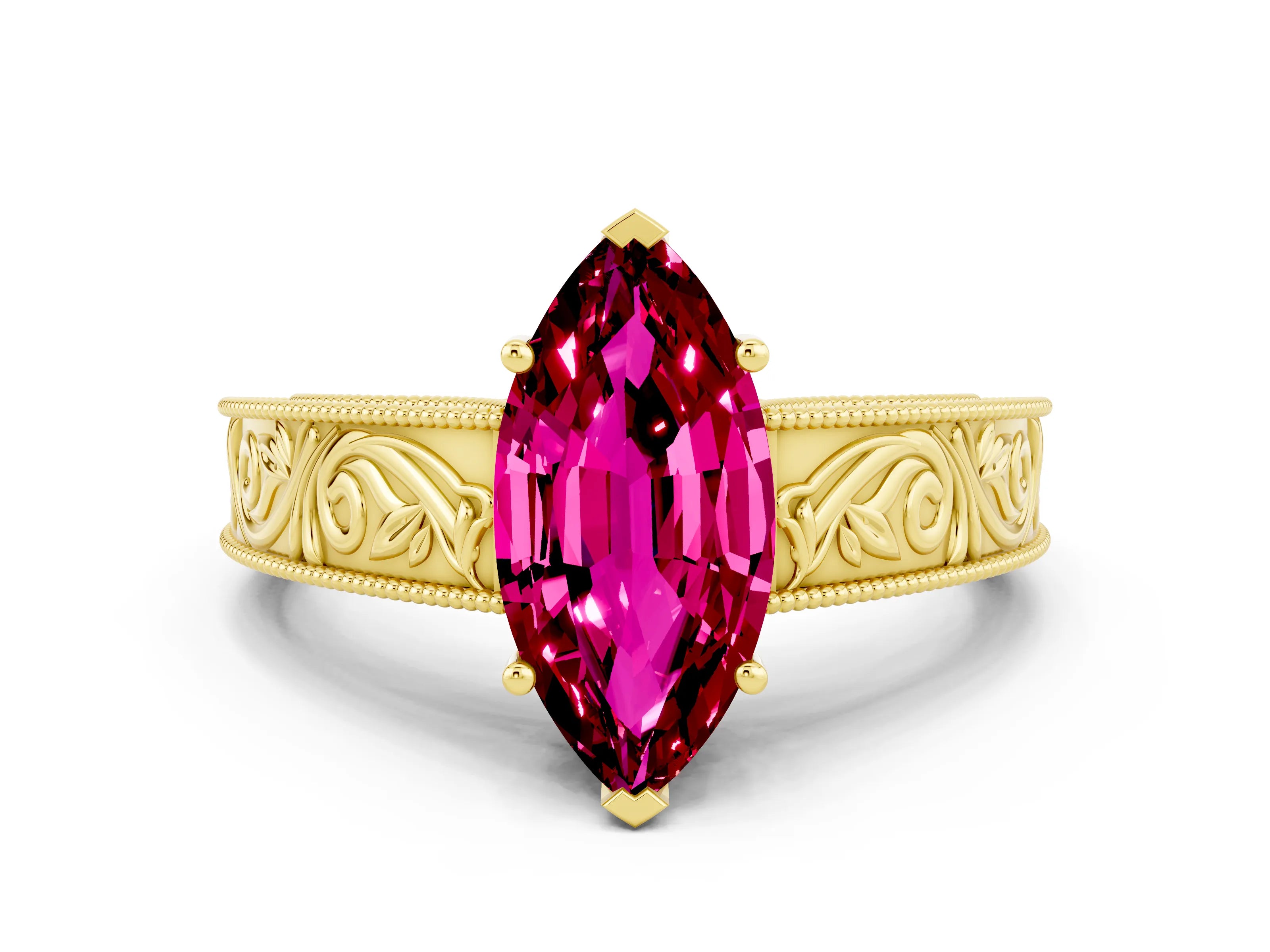 Yellow gold Marquise Cut Garnet Solitaire Ring with Engraved Band and Four-Prong Setting