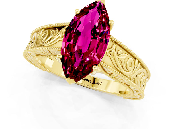 Yellow gold Marquise Cut Garnet Solitaire Ring with Engraved Band and Four-Prong Setting