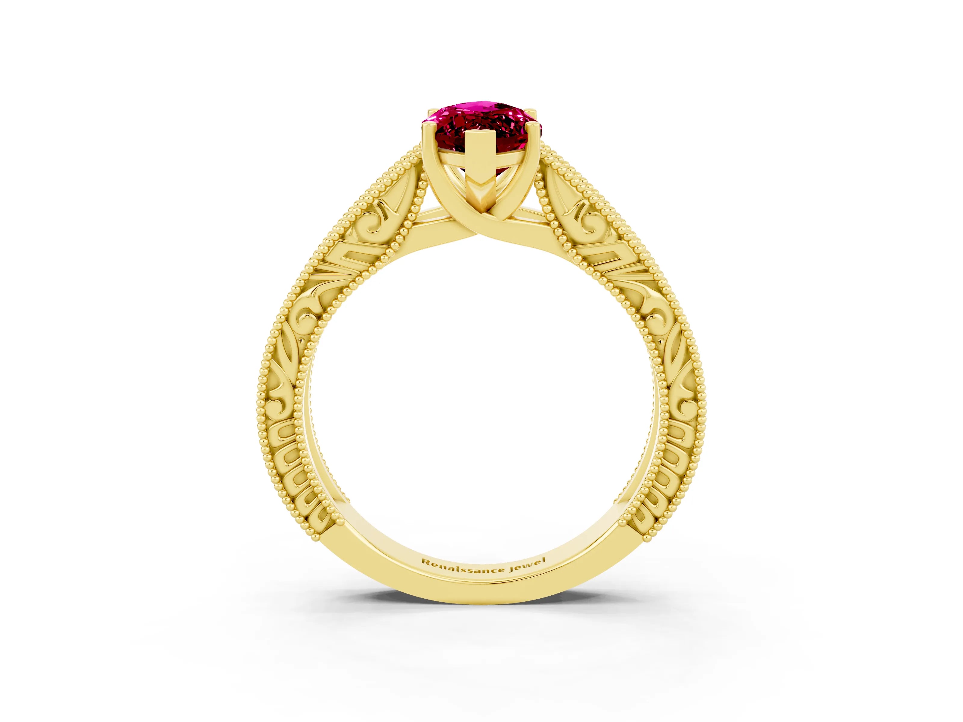 Yellow gold Marquise Cut Garnet Solitaire Ring with Engraved Band and Four-Prong Setting_3