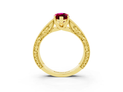 Yellow gold Marquise Cut Garnet Solitaire Ring with Engraved Band and Four-Prong Setting_3