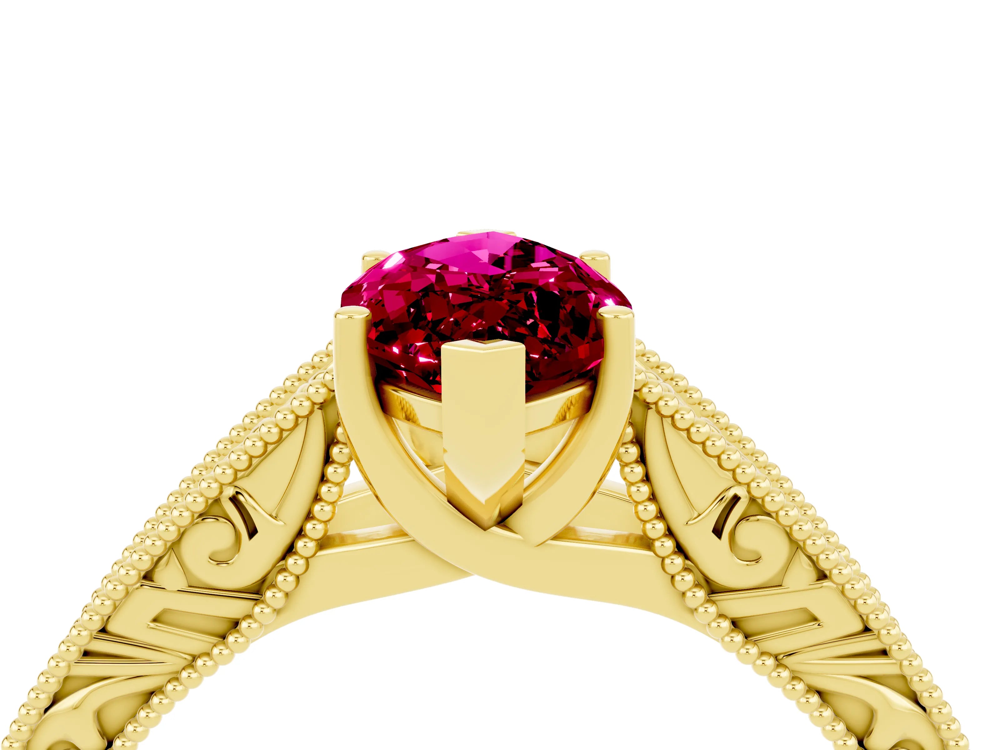 Yellow gold Marquise Cut Garnet Solitaire Ring with Engraved Band and Four-Prong Setting_4