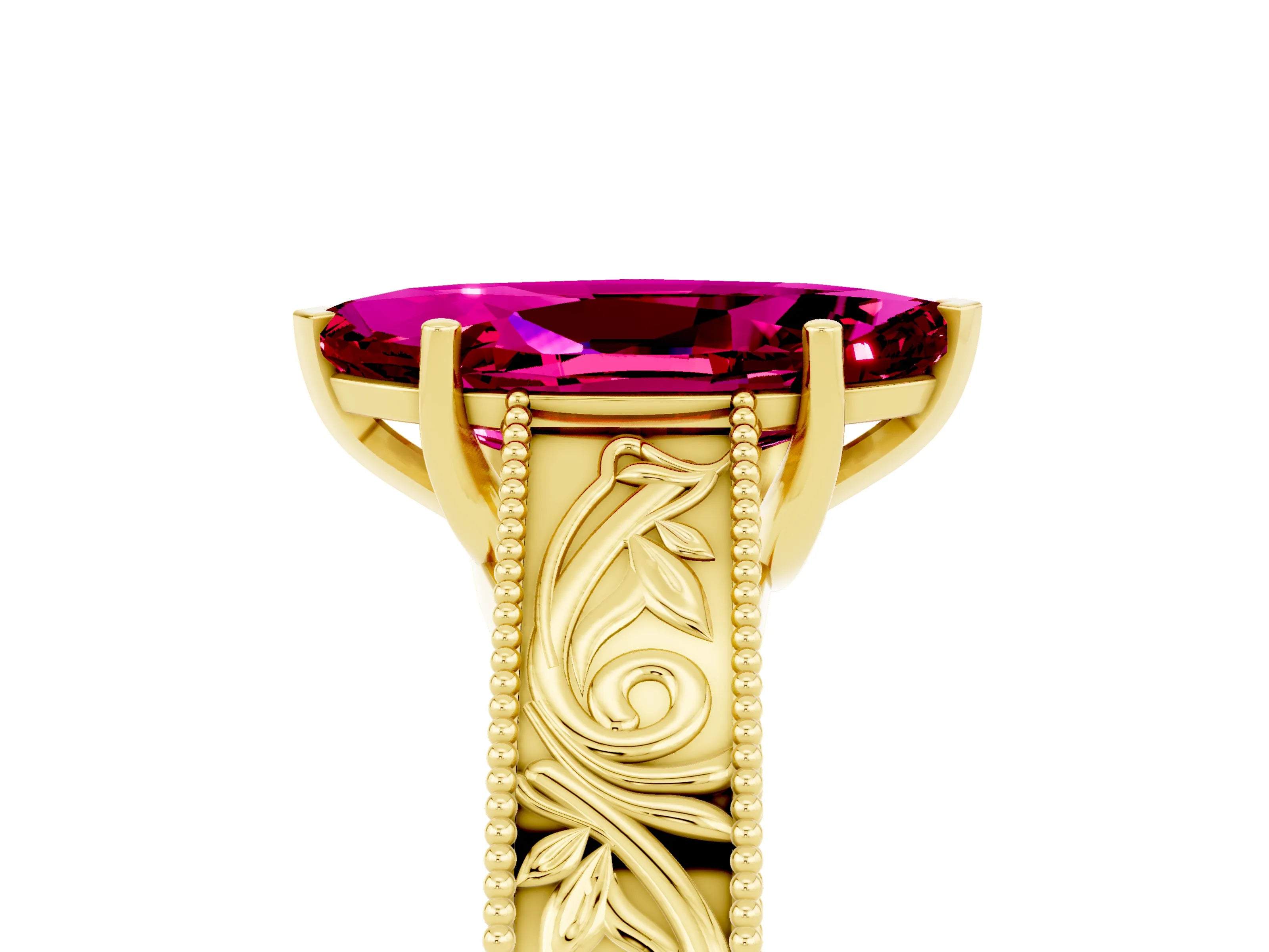 Yellow gold Marquise Cut Garnet Solitaire Ring with Engraved Band and Four-Prong Setting_5