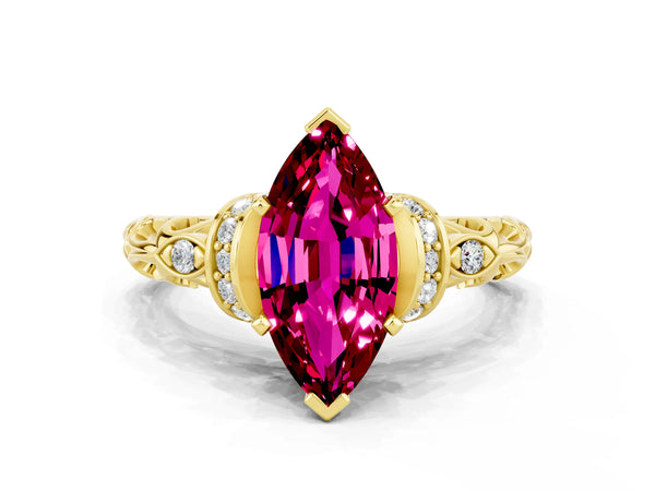 Yellow gold Marquise Cut Garnet Solitaire Ring with Filigree Band and Four-Prong Setting