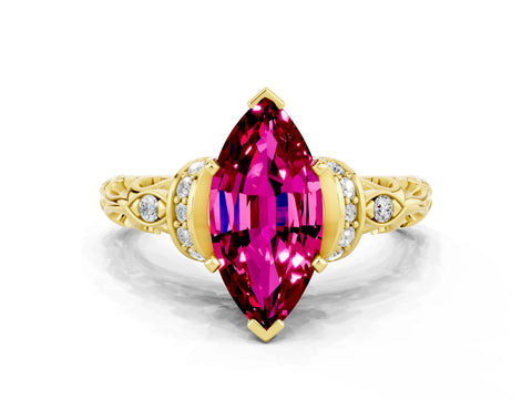 Yellow gold Marquise Cut Garnet Solitaire Ring with Filigree Band and Four-Prong Setting_24
