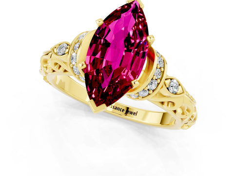 Yellow gold Marquise Cut Garnet Solitaire Ring with Filigree Band and Four-Prong Setting_25