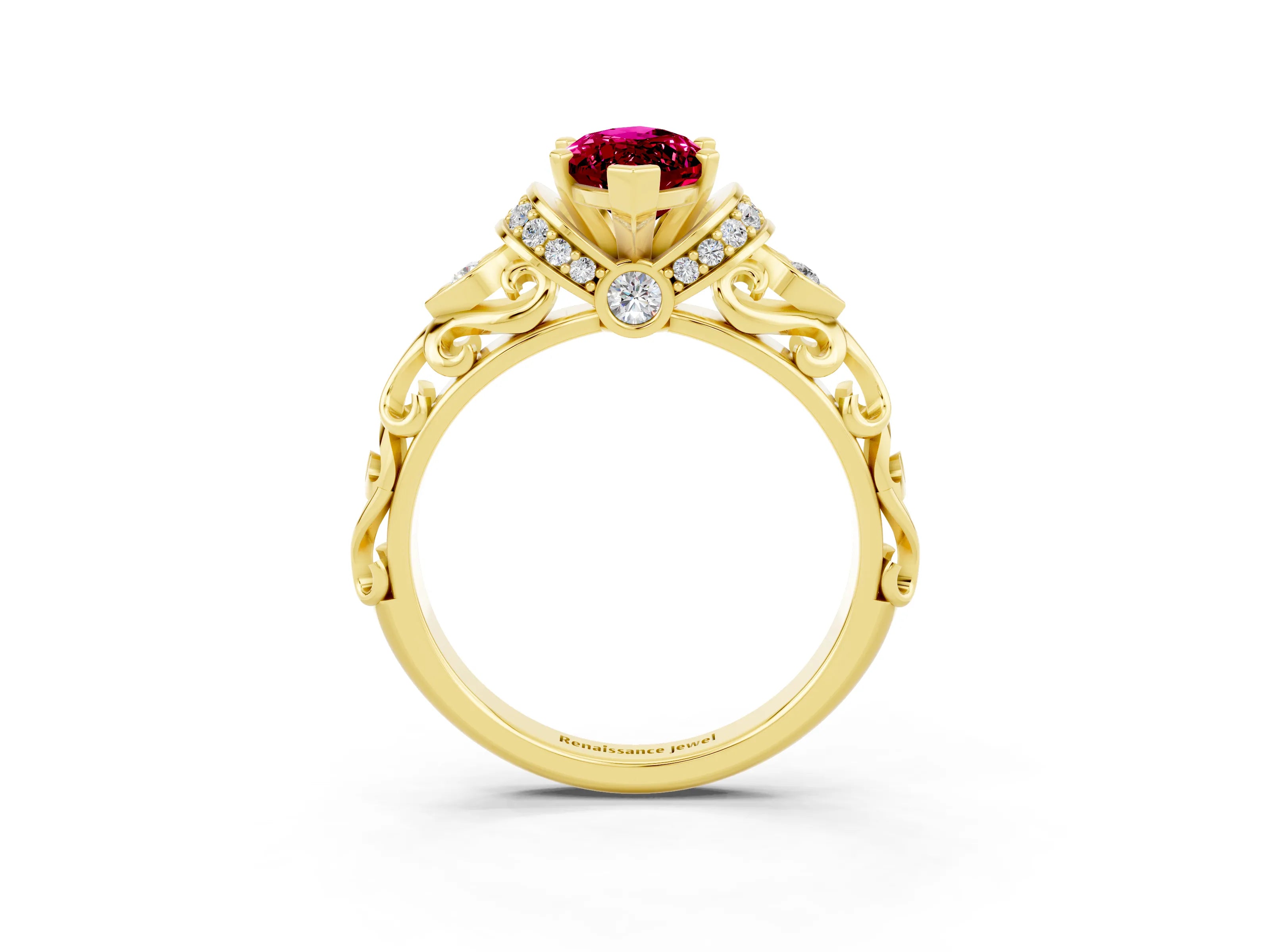 Yellow gold Marquise Cut Garnet Solitaire Ring with Filigree Band and Four-Prong Setting_27