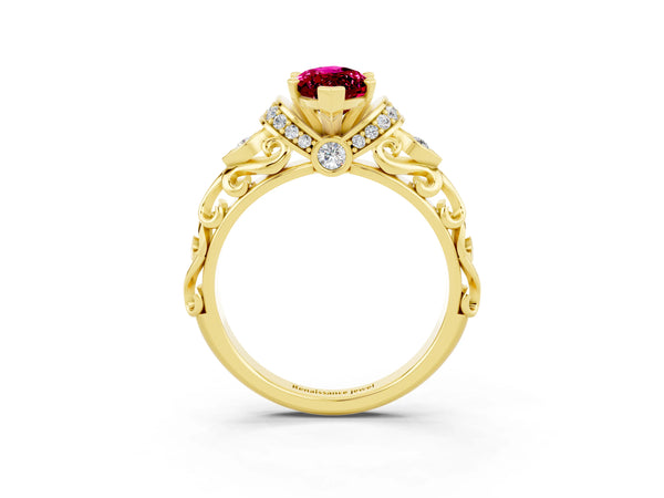 Yellow gold Marquise Cut Garnet Solitaire Ring with Filigree Band and Four-Prong Setting