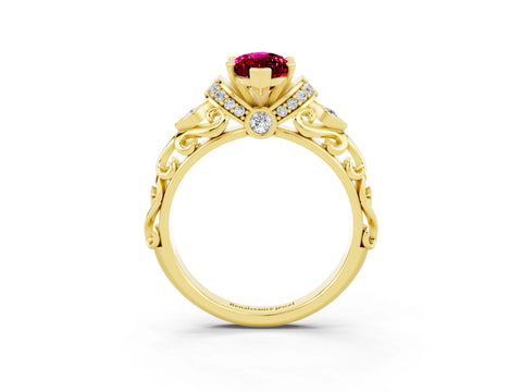 Yellow gold Marquise Cut Garnet Solitaire Ring with Filigree Band and Four-Prong Setting_27