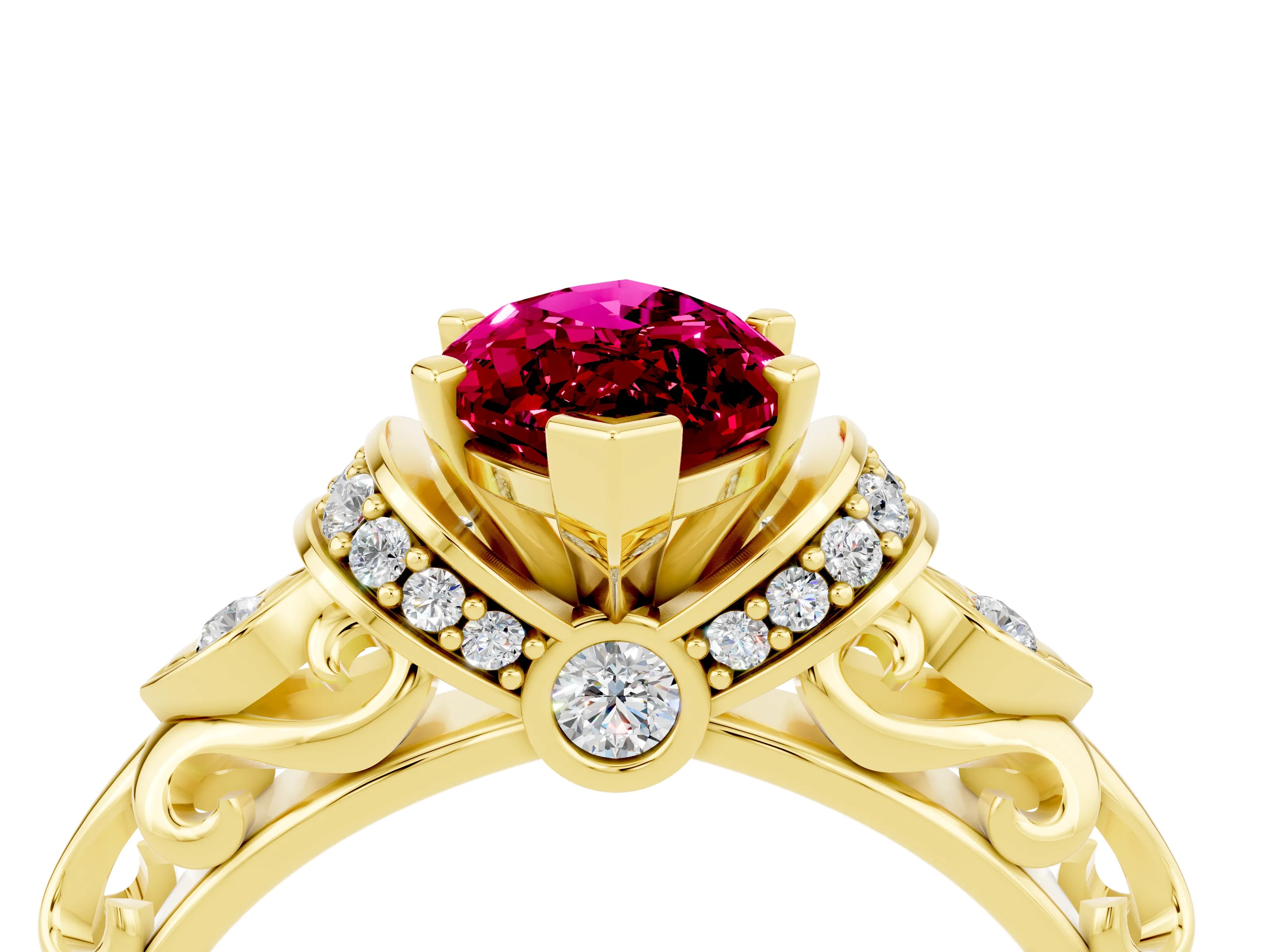 Yellow gold Marquise Cut Garnet Solitaire Ring with Filigree Band and Four-Prong Setting_28