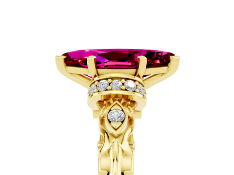 Yellow gold Marquise Cut Garnet Solitaire Ring with Filigree Band and Four-Prong Setting_29
