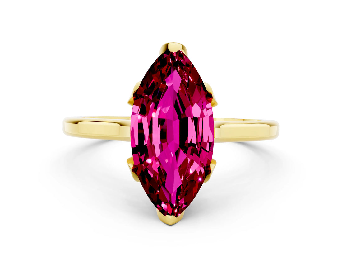 Yellow gold Marquise Cut Garnet Solitaire Ring with Flower Prong Setting and Classic Band_12